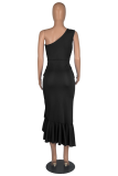 Black Street Solid Flounce One Shoulder Irregular Dress Dresses