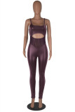 Dark Purple Sexy Solid Hollowed Out Patchwork See-through Backless Spaghetti Strap Skinny Jumpsuits