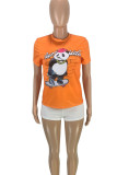 Tangerine Red Casual Print Patchwork O Neck T-Shirts