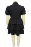 ブラックカジュアルソリッドパッチワークターンダウンカラーケーキスカートプラスサイズドレス