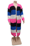 Rose Red Casual Striped Cardigan Plus Size Overcoat
