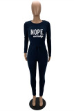 Navy Blue Casual Letter Print Basic O Neck Long Sleeve Two Pieces