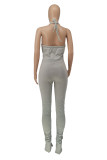 Grey Fashion Solid Ripped Backless Halter Regular Sleeveless Jumpsuits