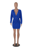 Blue Casual Solid Fold V Neck Waist Skirt Dresses