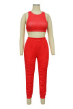 Rote lässige Sportbekleidung, solide Patchwork-Falte, O-Ausschnitt, ärmellos, zweiteilig