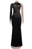 Damasco Sexy Plus Size Perfuração Quente Patchwork Transparente Vestido de Noite com Gola Alta
