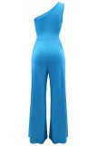 Blauw Casual Solid Backless Schuine kraag Normale jumpsuits