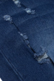 Diepblauwe casual Street Solid gescheurde uitgeholde patchwork hoge taille denim jeans
