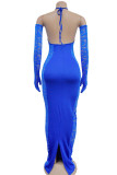 Blue Sexy Solid Patchwork Fold Halter Pencil Skirt Dresses(Including The Sleeve)