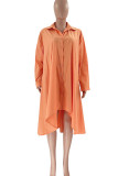 Tangerine Red Casual Solid Patchwork Buckle Asymmetrical Turndown Collar Shirt Dress Plus Size Dresses