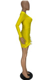 Yellow Sexy Solid Patchwork Feathers Mesh O Neck One Step Skirt Dresses