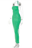 Robe longue à bretelles spaghetti dos nu en bandage solide vert sexy