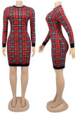赤いセクシーな格子縞のプリント パッチワーク O ネック ペンシル スカート ドレス