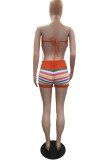 Tangerine Red Sexy Striped Bandage Patchwork Backless Strapless Sleeveless Two Pieces
