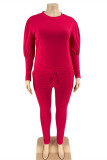 Rose Red Fashion Casual Solid Basic O Neck Plus Size Two Pieces