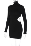 Black Sexy Solid Hollowed Out Turtleneck Pencil Skirt Dresses