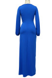 Blauwe sexy effen patchwork spleet V-hals rechte jurken