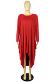 Red Fashion Casual Solid Asymmetrical O Neck Long Sleeve Dresses