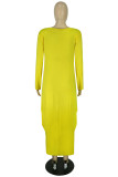Yellow Fashion Casual Solid Asymmetrical O Neck Long Sleeve Dresses