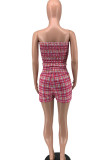 Tangerine Red Casual Plaid Print Patchwork Strapless Sleeveless Two Pieces