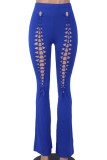 Colorido azul casual sólido ahuecado hacia fuera flaco cintura alta pantalones de color sólido convencional