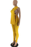Yellow Fashion Casual Solid Bandage Slit Half A Turtleneck Sleeveless Two Pieces