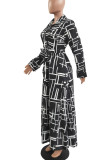 Robes de robe de chemise de col rabattu de boucle de patchwork d'impression décontractée gris noir