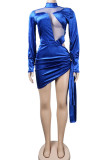 Bleu Sexy solide évidé Patchwork transparent demi-col roulé robe irrégulière robes