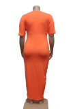 Tangerine Red Casual Solid Patchwork Asymmetrical V Neck Irregular Dress Plus Size Dresses