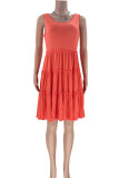Orange Red Casual Solid Patchwork Fold O Neck A Line Dresses