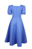 ライトブルーのエレガントなソリッドパッチワークスクエアカラーのイブニングドレスドレス