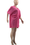 Roze casual effen patchwork gevouwen jurken met V-hals