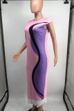 Pink Casual Print Slit Basic O Neck Long Dress Dresses