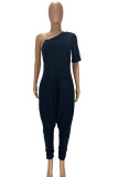 Black Casual Solid Patchwork Asymmetrical Oblique Collar Loose Jumpsuits