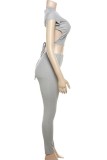 Grey Sexy Casual Solid Frenulum Backless O Neck Short Sleeve Two Pieces