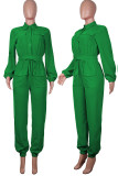 Green Casual Solid Patchwork Buckle Turndown Collar Jumpsuits