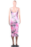 Pink Fashion adult Sweet Blue Pink Yellow Tank Sleeveless O neck Pencil Dress Mid-Calf Print Patchwork Tie and dye Dresses