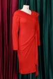 Tangerine Red Elegant Solid Patchwork Fold Asymmetrical Asymmetrical Collar Dresses