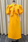 Yellow Elegant Solid Bandage Patchwork O Neck Evening Dress Dresses
