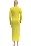 Yellow Casual Solid Patchwork Buckle Fold Turndown Collar Pencil Skirt Dresses