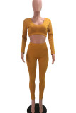 Lemon Yellow Casual Sportswear Solid Patchwork U Neck Long Sleeve Two Pieces