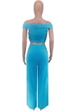 Lake Blue Sexy Casual Solid Backless Off the Shoulder Manica corta Due pezzi