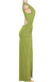 Green Sexy Street Elegant Solid High Opening Fold V Neck One Step Skirt Dresses