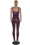 Dark Purple Sexy Solid Hollowed Out Patchwork See-through Backless Spaghetti Strap Skinny Jumpsuits