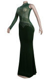 Green Sexy Plus Size Hot Drilling Patchwork See-through Turtleneck Evening Dress