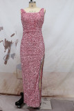 ピンクのセクシーでエレガントなソリッド タッセル スパンコール パッチワーク スリット U ネック イブニング ドレス ドレス