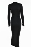 黒のセクシーな無地パッチワーク スリット フォールド非対称 V ネック ワン ステップ スカート ドレス