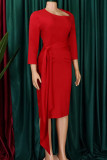 Red Elegant Solid Bandage Patchwork Fold Asymmetrical Collar Pencil Skirt Dresses