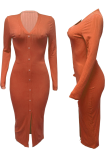 Tangerine Red Street Solid Patchwork V Neck Pencil Skirt Dresses