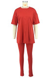 Red Casual Solid Basic O Neck Short Sleeve Two Pieces